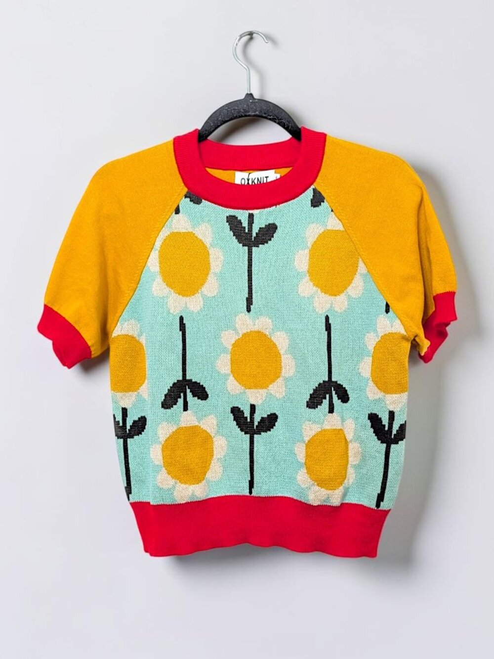 Oxknit LE retro line 70s groovy floral colorblock fairy kitsch knit top Ws S New